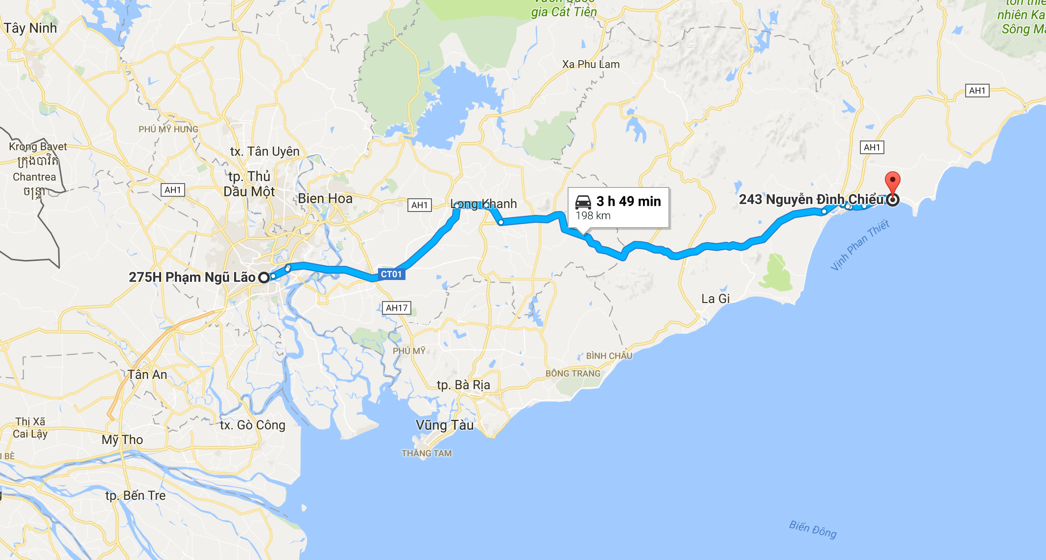 Map from Ho Chi Minh city to Mui Ne